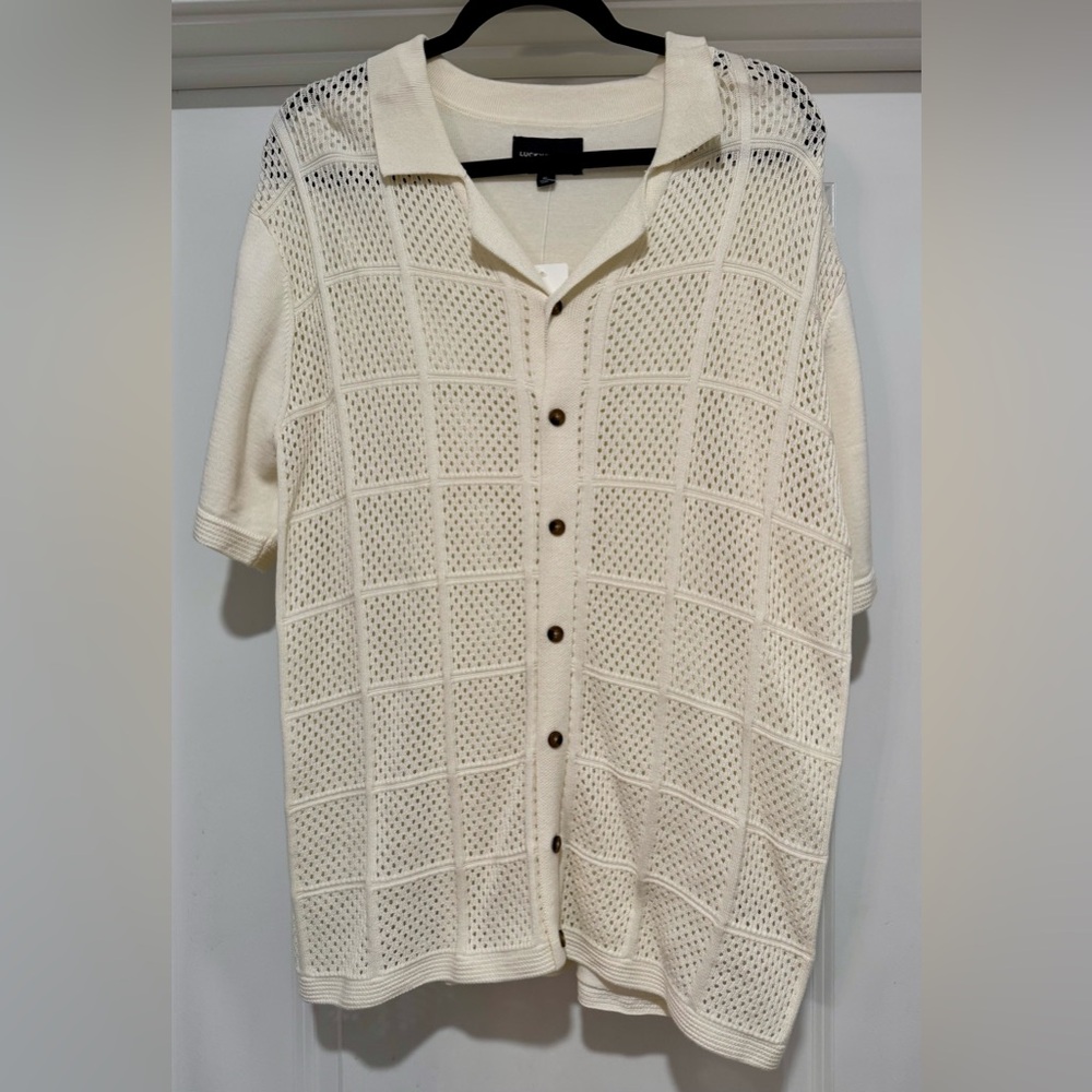 NEW Lucky Brand Ivory Short Sleeve Button Up Knit Shirt Size‎ XL